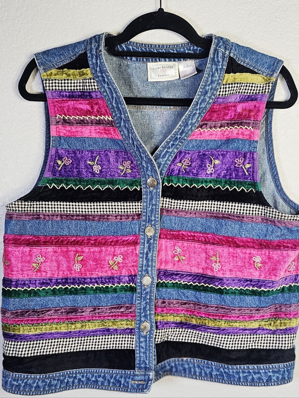 Vintage Susan Bristol Denim Velvet Patchwork Vest Large Cottagecore - Picture 8 of 8